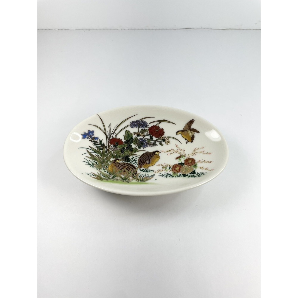 Vintage pedestal pheasants Flowers trinket soap dish porcelain crackle glaze